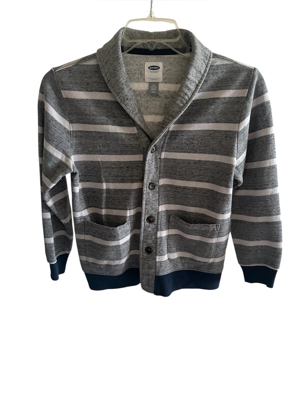 Old Navy Gray and White Striped Shawl-Collar Cardigan